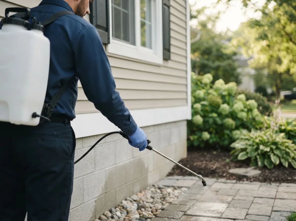 Pest control technician inspecting a home in Bellerose, NY
